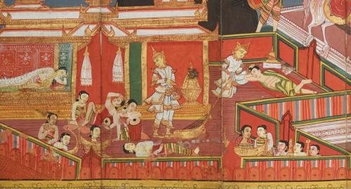 木簡繪本（局部）：悉達多王子內殿的阿佞與絲竹樂器（19世紀）